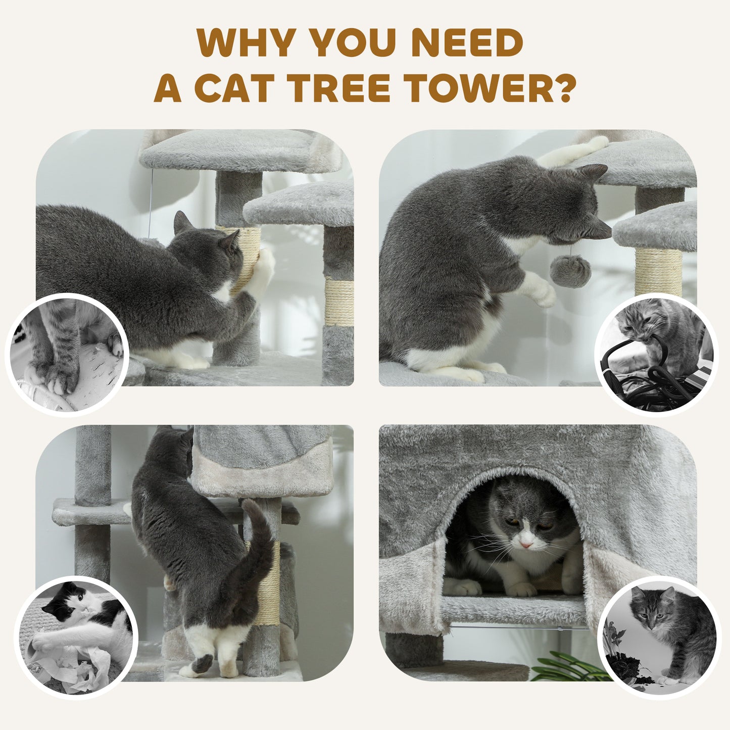 53" Cat Tree with Scratching Post, Large Kitten Playhouse, Multi-Level Activity Center, Gray
