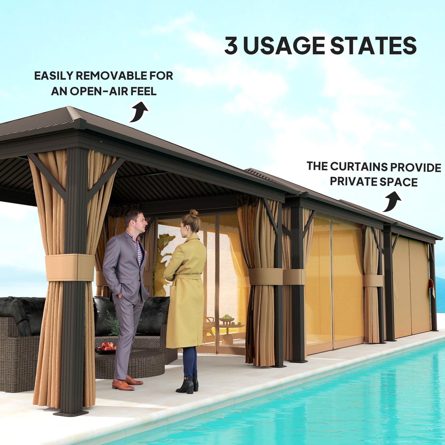 Gazebo 10' x 12' avec toit rigide en métal et cadre en aluminium, filets en maille, marron