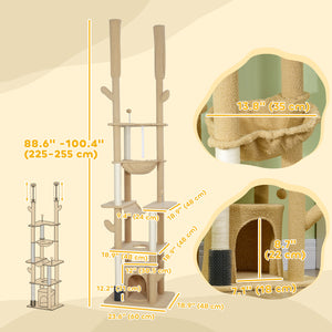 Cat tree 226-254 cm, ceiling height with scratching posts, grooming brush and niche, brown