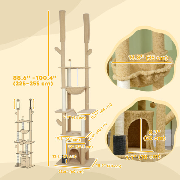 Cat tree 226-254 cm, ceiling height with scratching posts, grooming brush and niche, brown