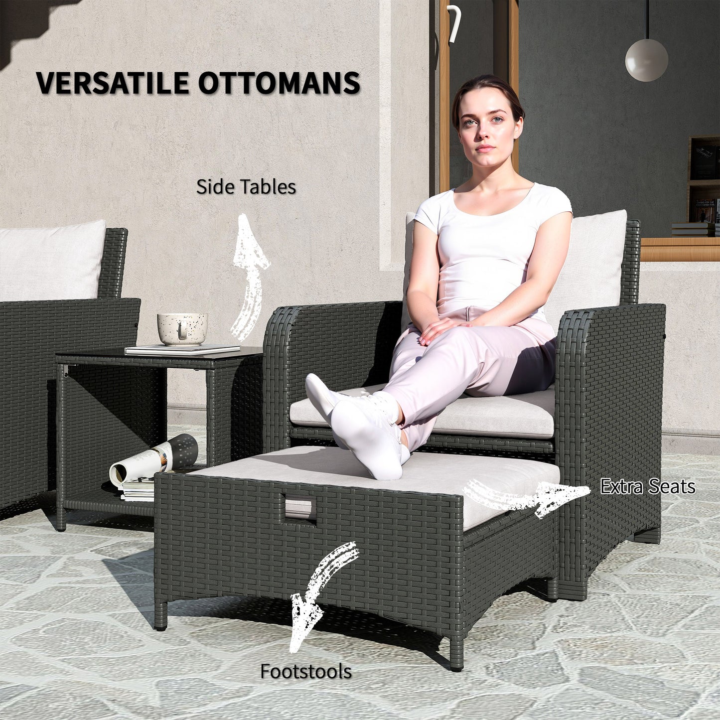 Outsunny 5 Piece Rattan Balcony Furniture Set, Wicker Outdoor Furniture with Two-Tier Coffee Table and Ottomans, Grey and Cream White