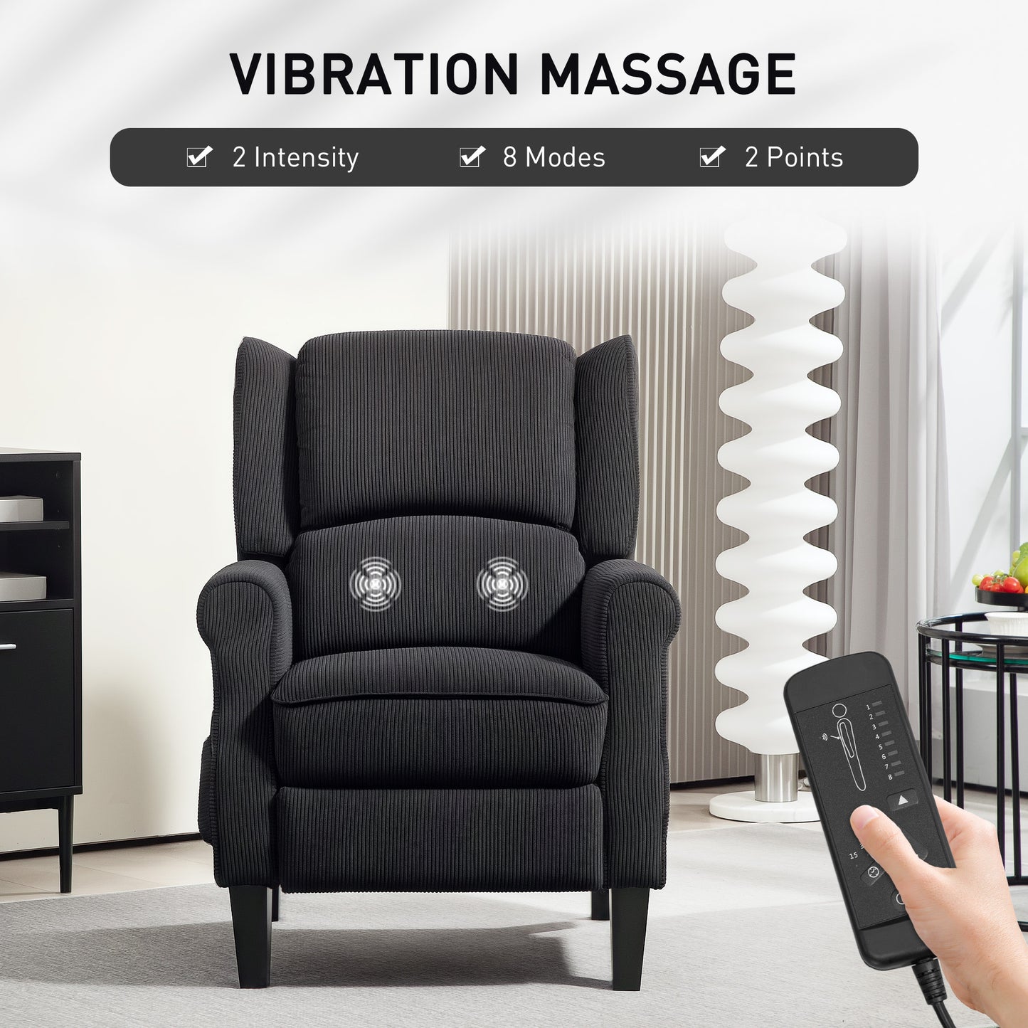Fauteuil de massage par vibrations pour salon, avec repose-pieds extensible, télécommande, poche, noir
