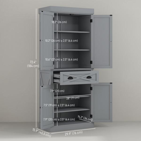 Meuble de rangement avec 4 portes, tiroir et étagères réglables, gris