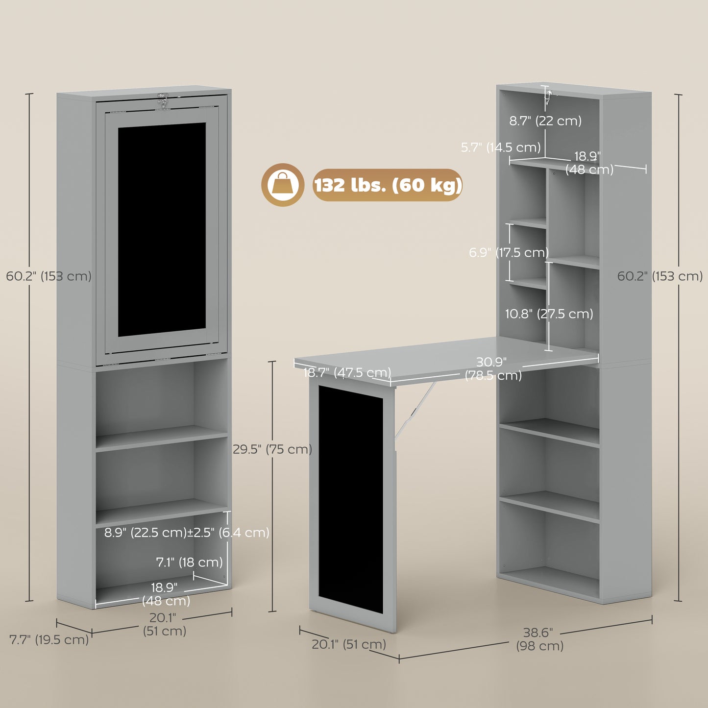 Bureau d'ordinateur mural pliable et convertible avec tableau noir et étagère latérale, gris anthracite