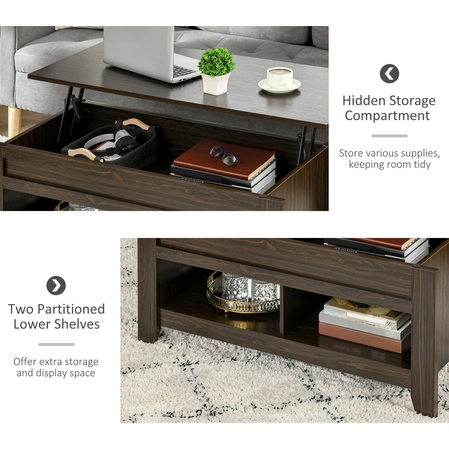 Table basse relevable avec compartiment de rangement dissimulé et étagères ouvertes, noyer foncé
