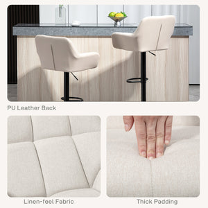 Set of 2 Adjustable Swivel Upholstered Linen Bar Stools with Footrest and Armrests, Grey