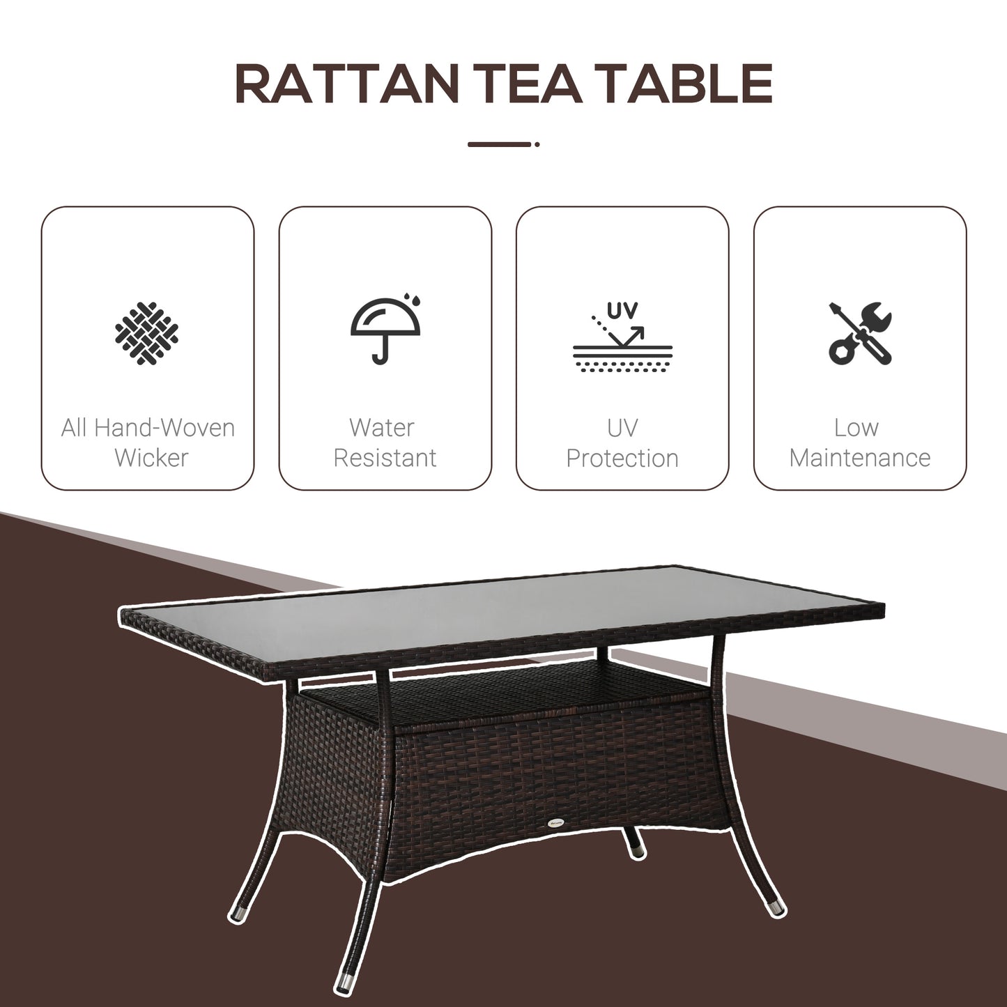 Table à manger en rotin avec plateau en verre et étagère de rangement, marron