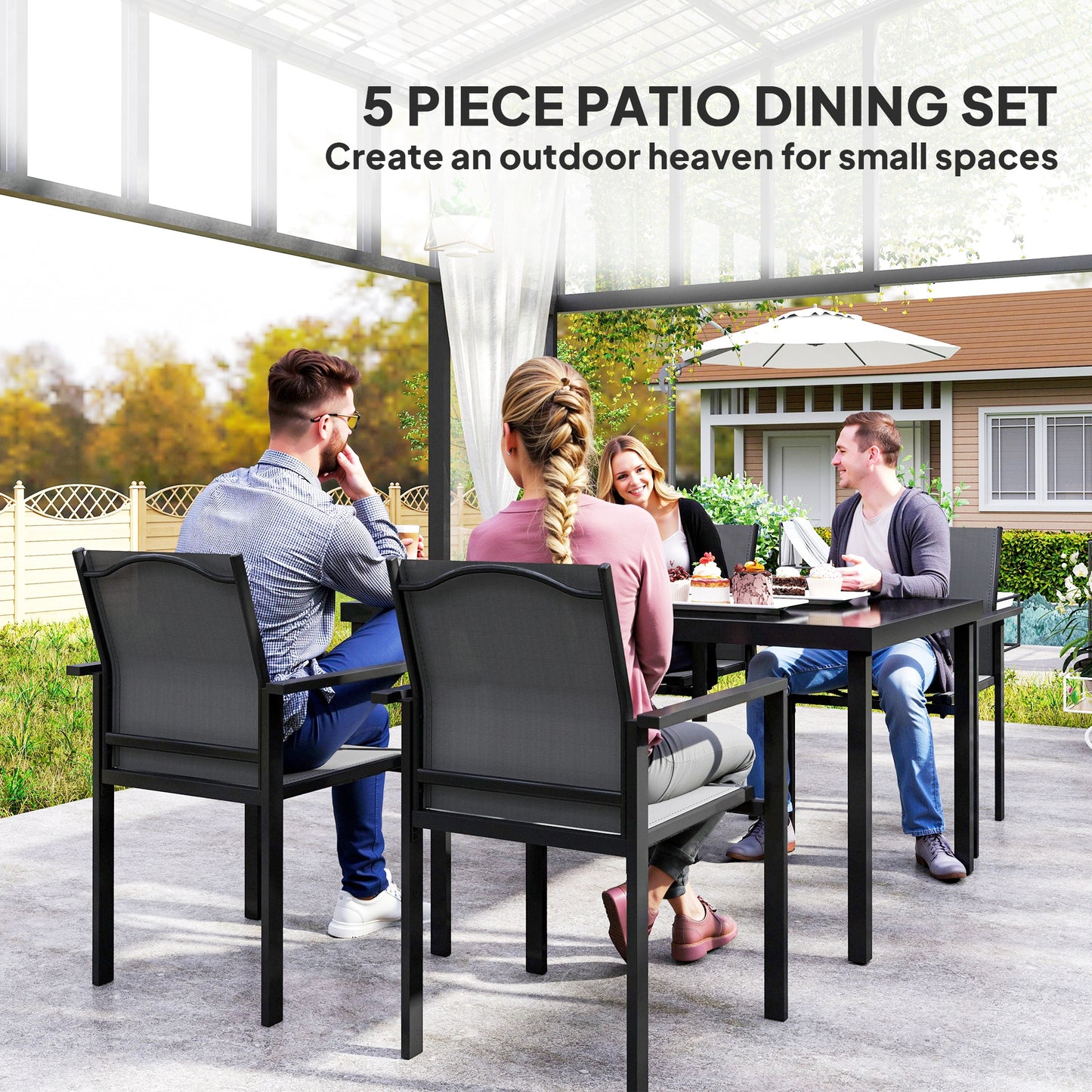 Outsunny 5-Piece Patio Dining Set with 4 Stackable Chairs, Tempered Glass Top and Rust-Proof Metal Frame