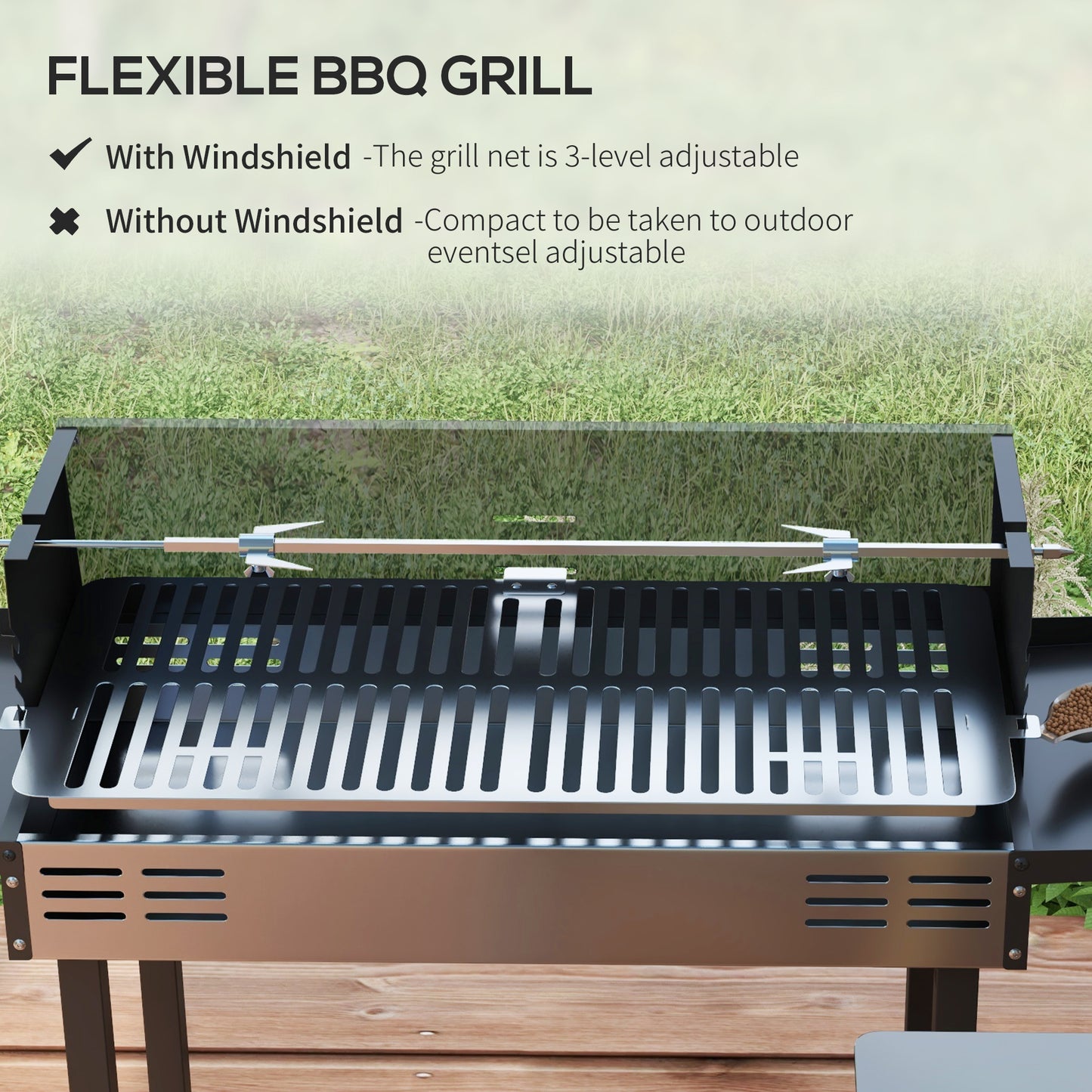 BBQ Charcoal Rotisserie, 3-Tier Cooking Grate, Storage Shelves, Stainless Steel