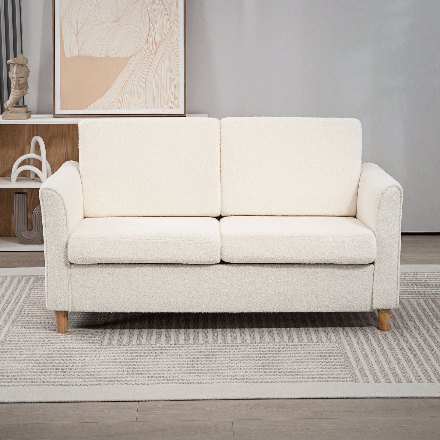 Canapé 2 places avec accoudoirs et pieds en bois pour salon, chambre, blanc crème