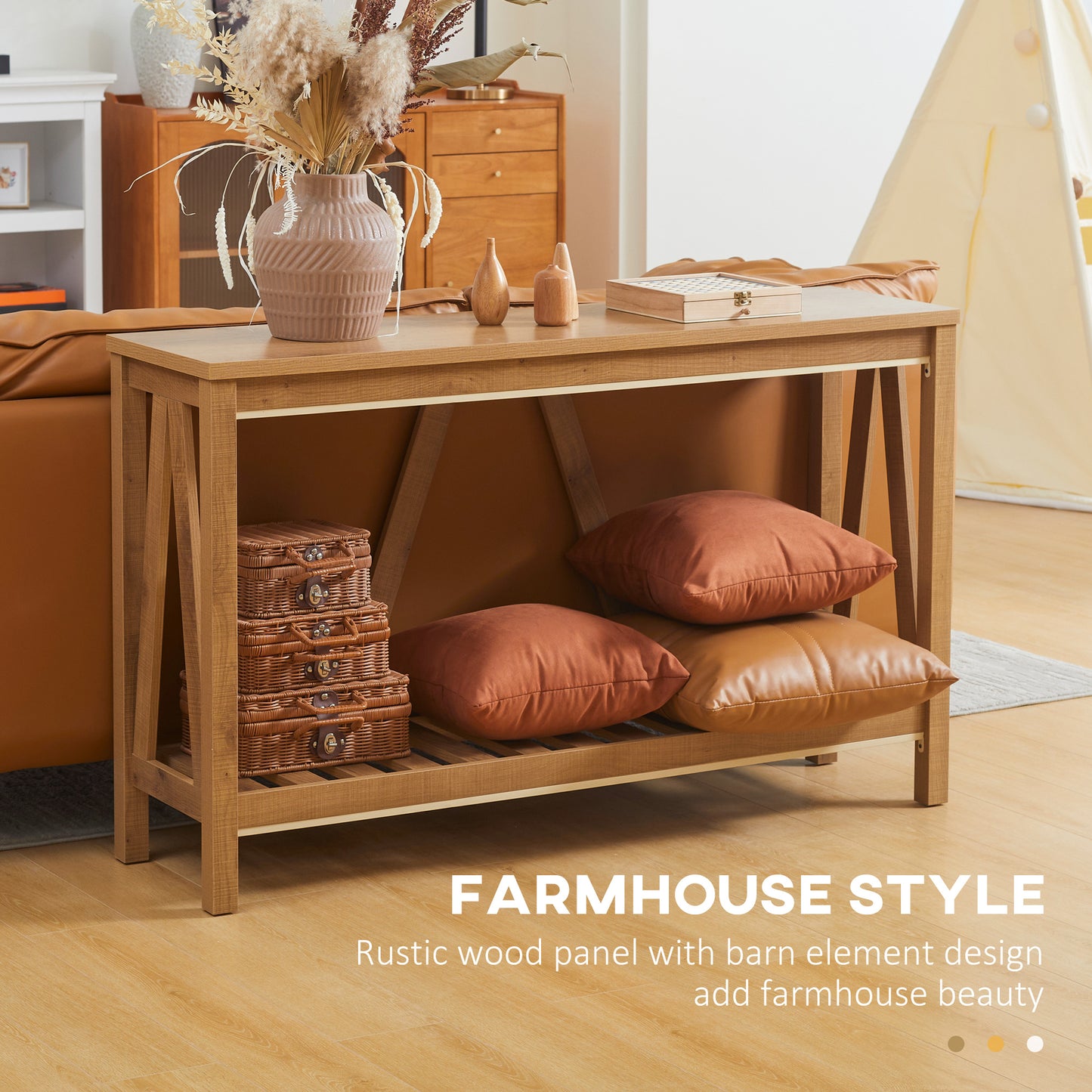 Console d'entrée étroite de style campagnard avec étagère de rangement, marron