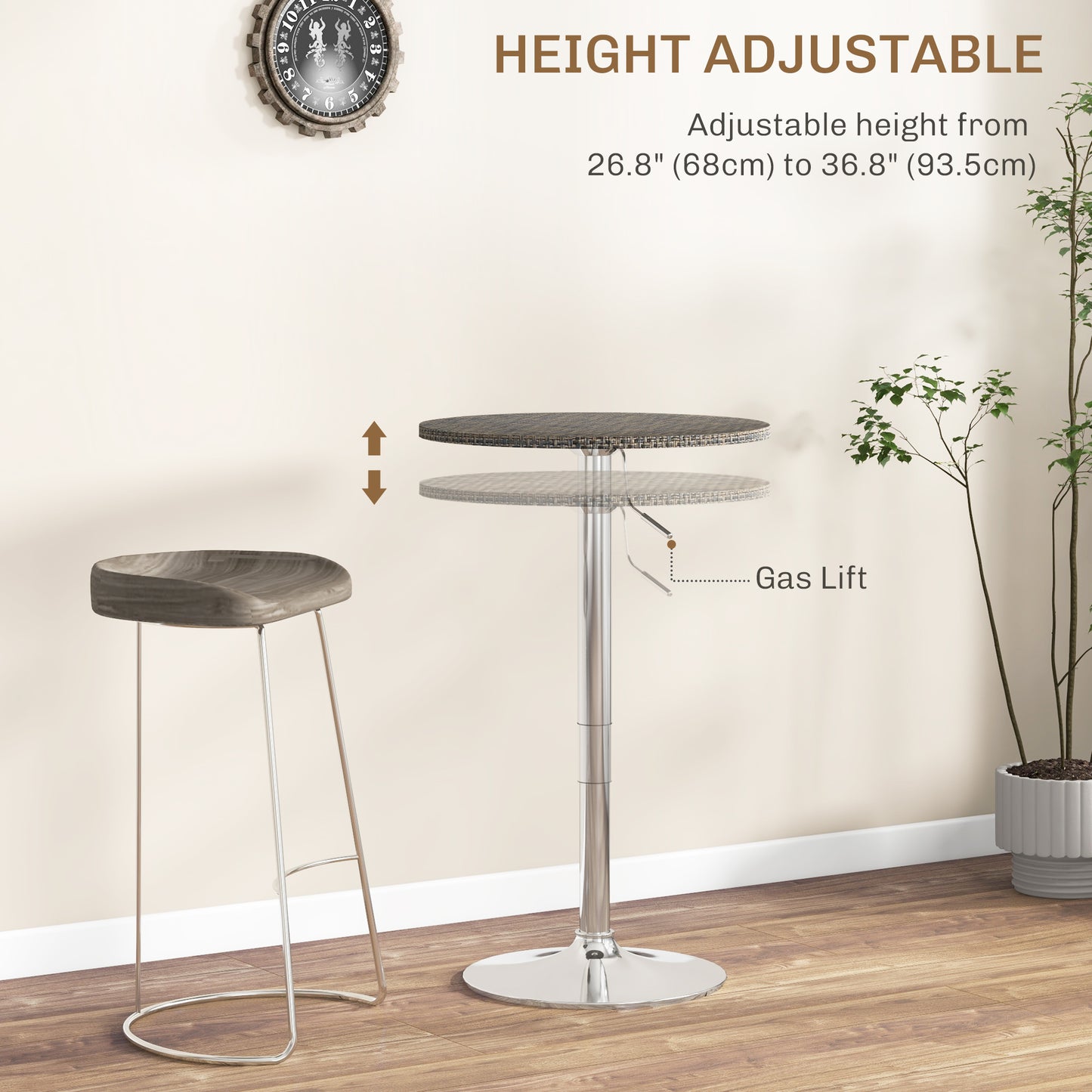 Table de bar réglable pour 2 personnes, ronde avec plateau en rotin synthétique et base en acier, marron