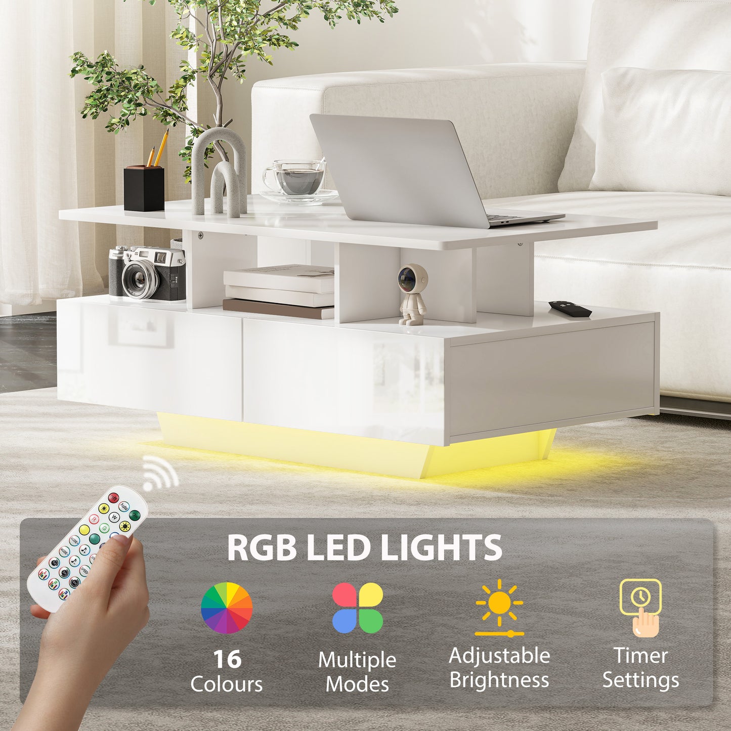 Table basse avec éclairage LED RVB avec 4 tiroirs, étagère ouverte, télécommande, blanc brillant
