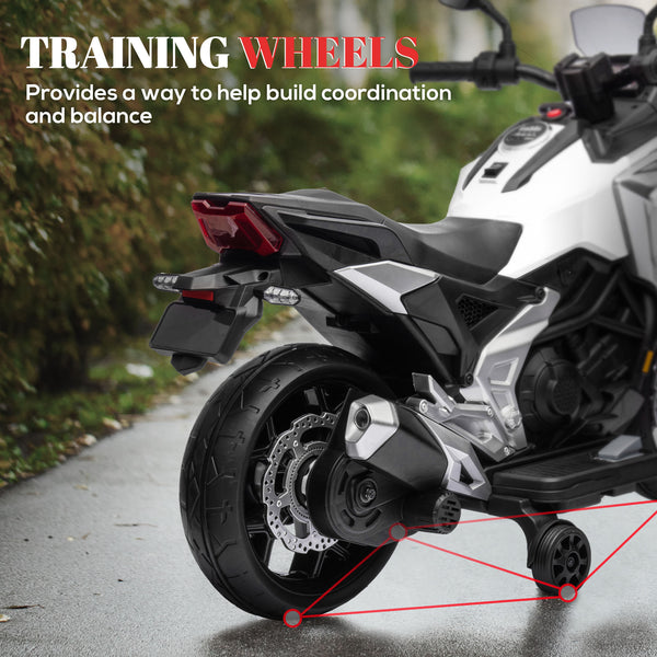 Honda 12V motorcycle with headlights and training wheels, white