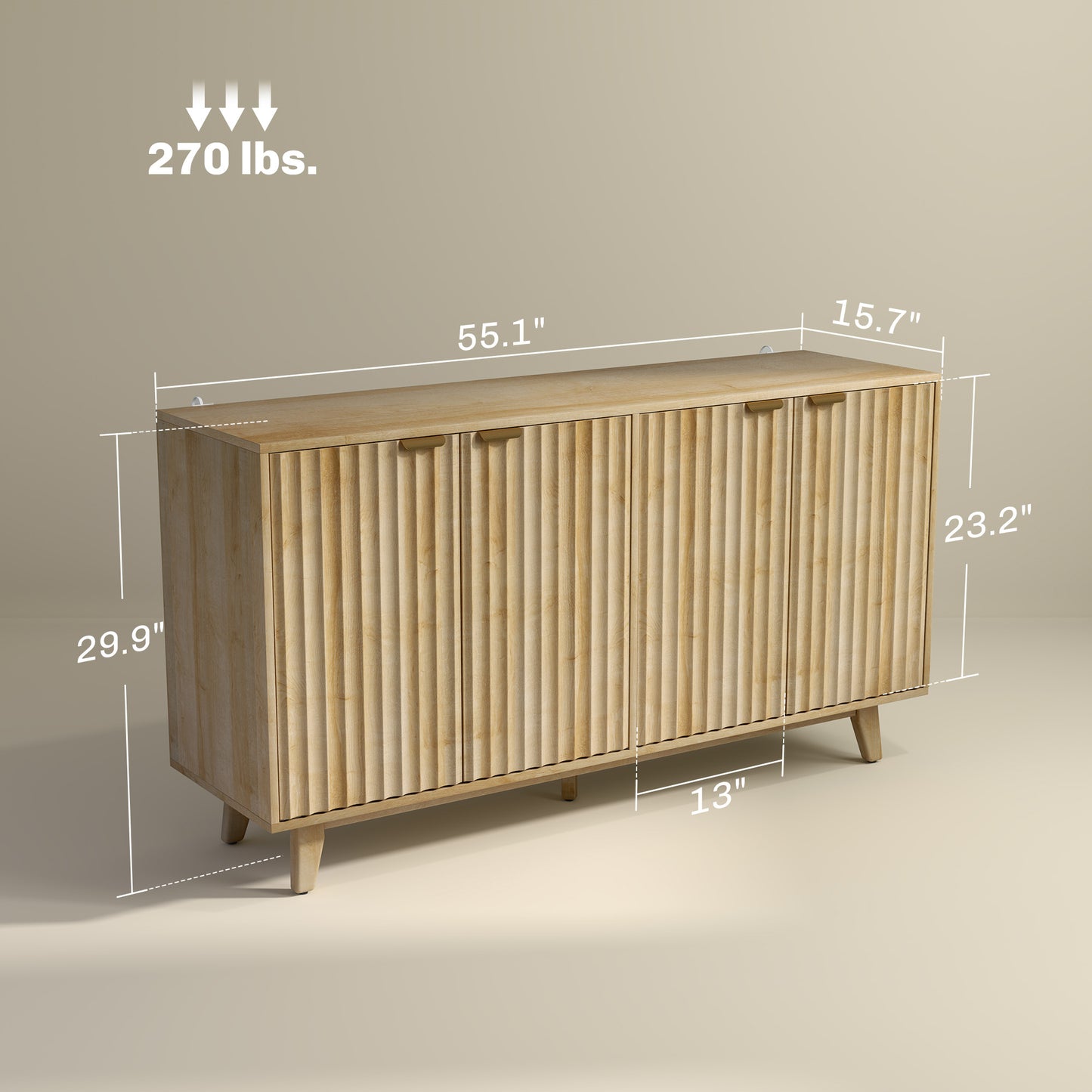 HOMCOM fluted sideboard, 140 cm bar cabinet, 4 doors, 2 adjustable shelves, 5 wooden legs, natural wood