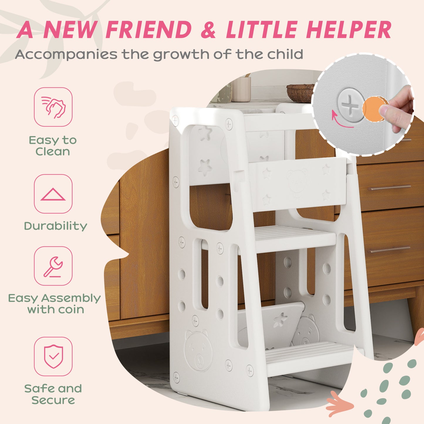 Toddler Stool, 2 Steps, with Height Adjustable Platform and Safety Rail, White
