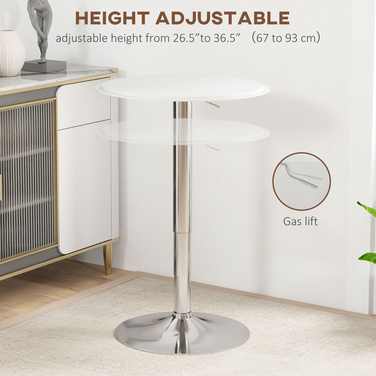 Table de bar ronde moderne réglable en hauteur, plateau en bois recouvert de similicuir, base chromée, blanc