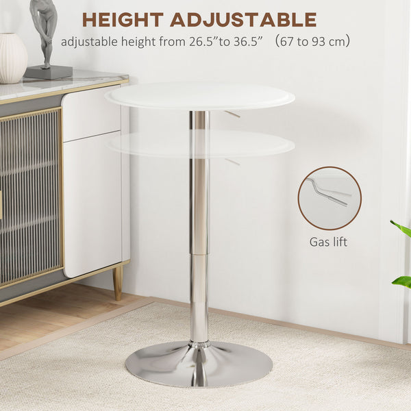 Modern round bar table, height adjustable, wooden top covered with faux leather, chrome base, white