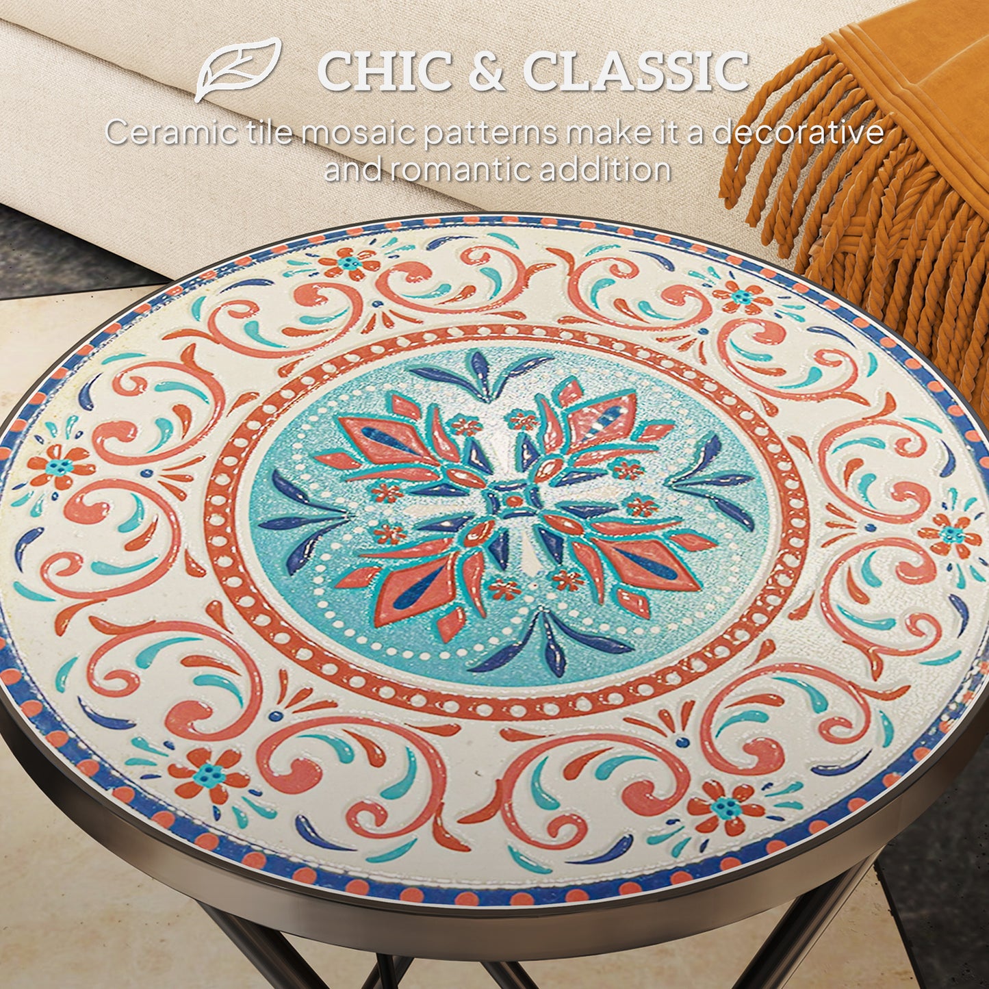 Outsunny Mosaic Outdoor Side Table, 14" Round Folding Coffee Table with Steel Frame for Balcony, Patio, Assorted Colors