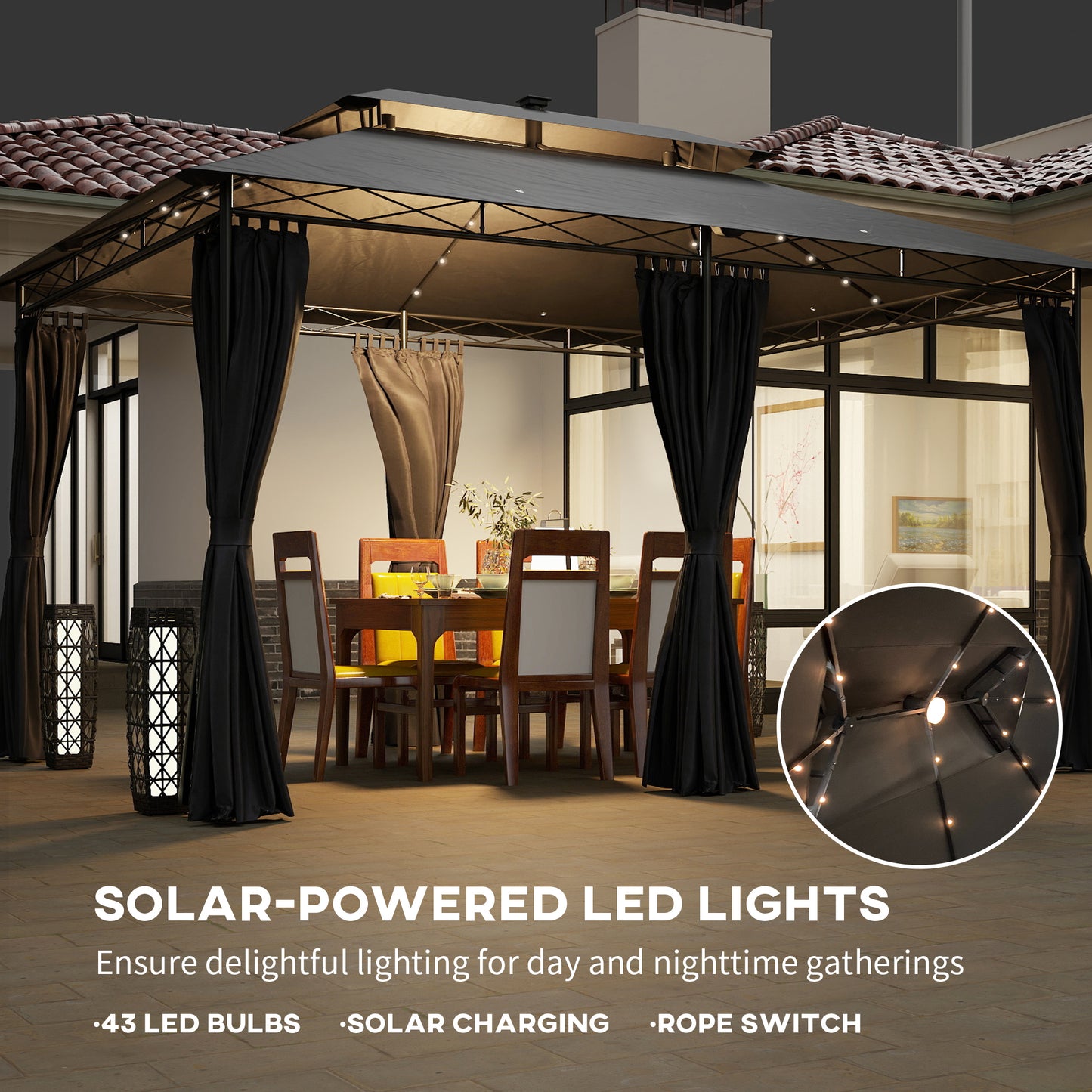 Outsunny 10' x 13' Outdoor Gazebo with Curtains and Solar Powered LED Lights, Double Roof Patio Shelter
