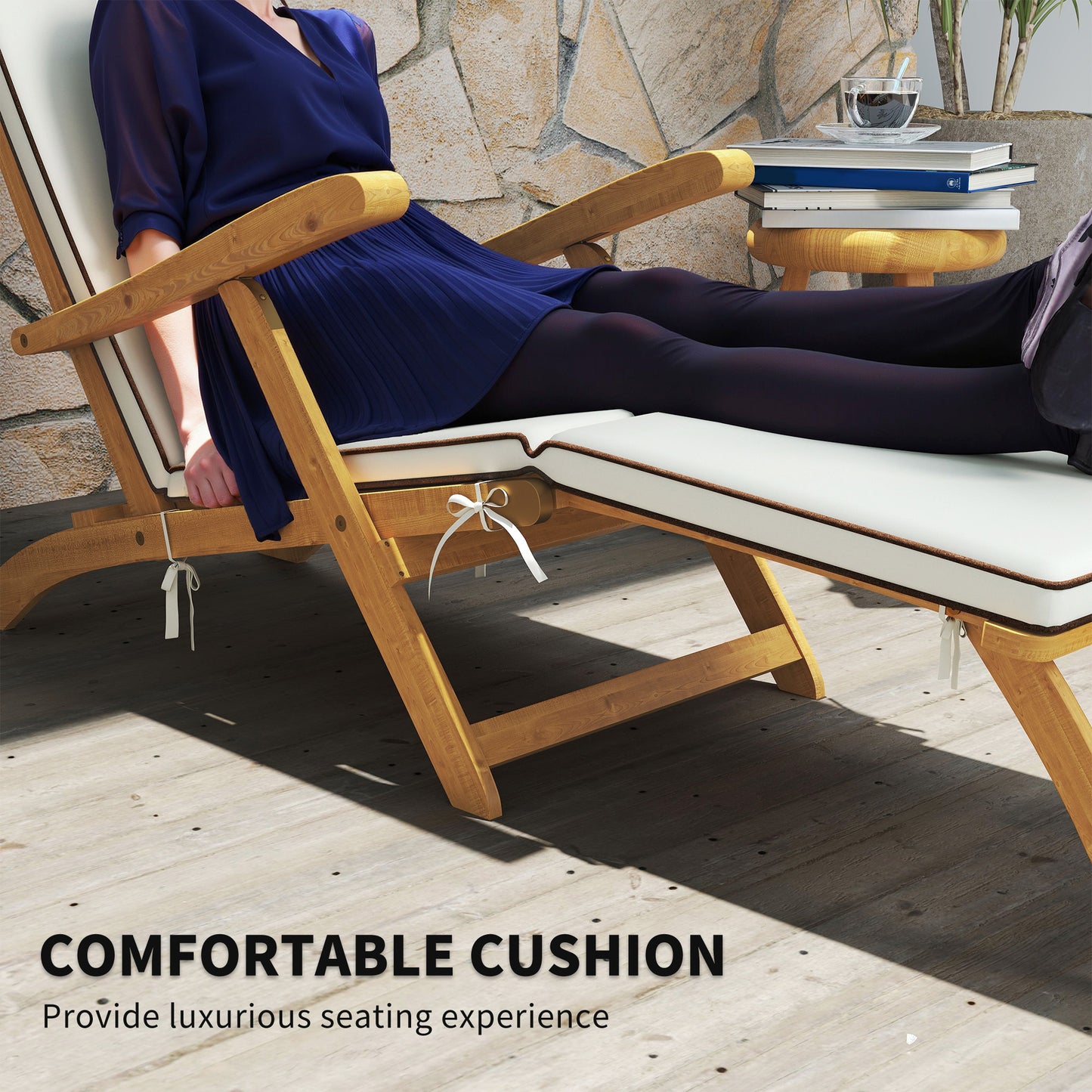 Outsunny Folding Sun Lounger with Padded Cushion, Acacia Wood Reclining Lounge Chair with Footrest for Garden, White