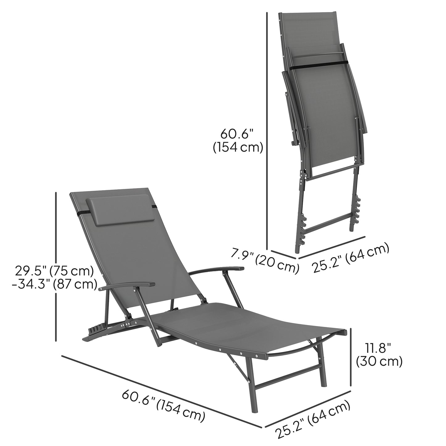 Outsunny Set of 2 Folding Sun Loungers with Cushion for Patio, Garden, Beach, Grey