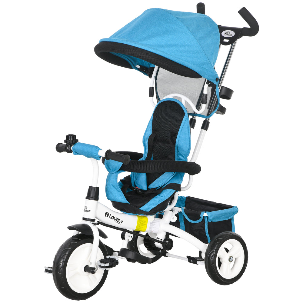Tricycle 6 en 1 avec panier, auvent, harnais de sécurité 5 points, bleu