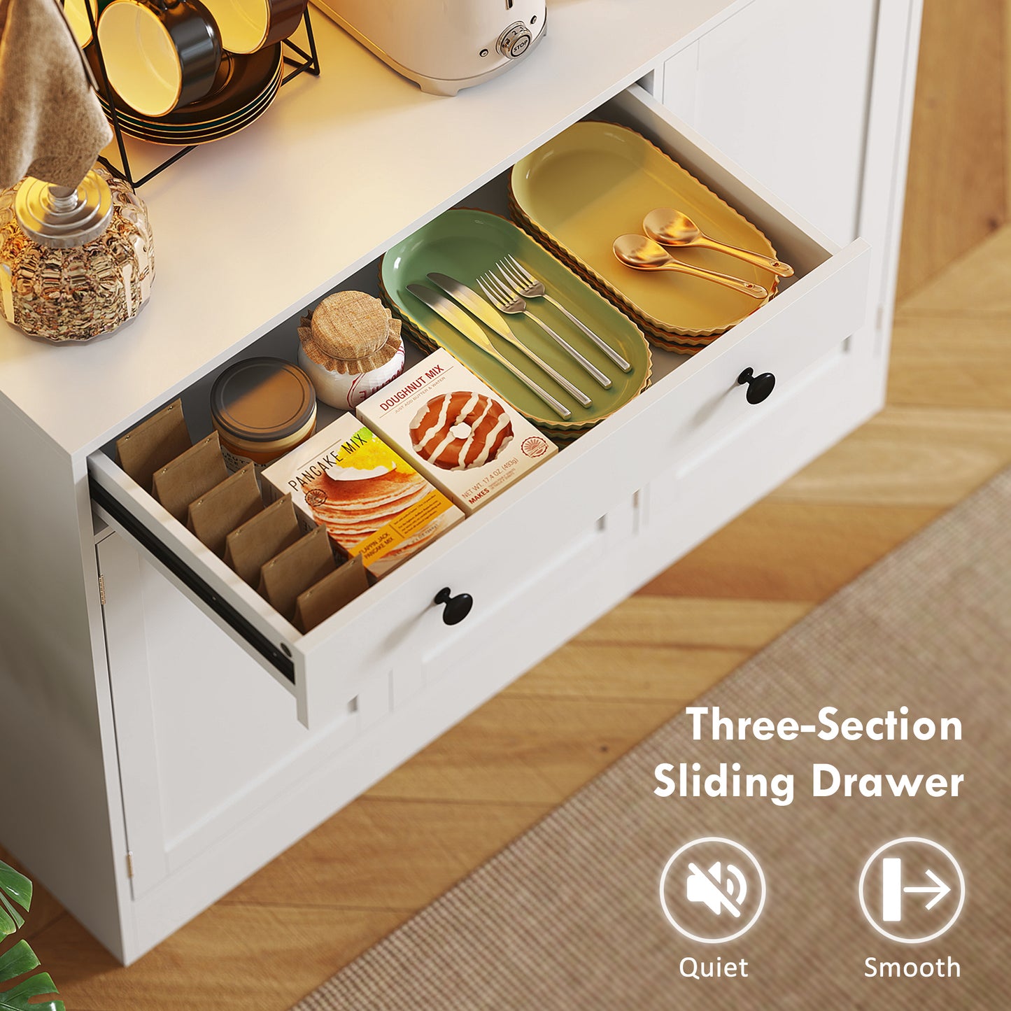 Tall kitchen cabinet with LED lighting, shelves, drawer, doors, white