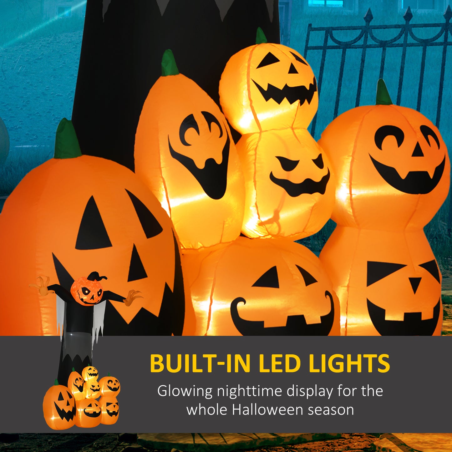 Décoration gonflable d'Halloween 2,7 m, citrouille fantôme avec citrouilles, affichage LED extérieur gonflable