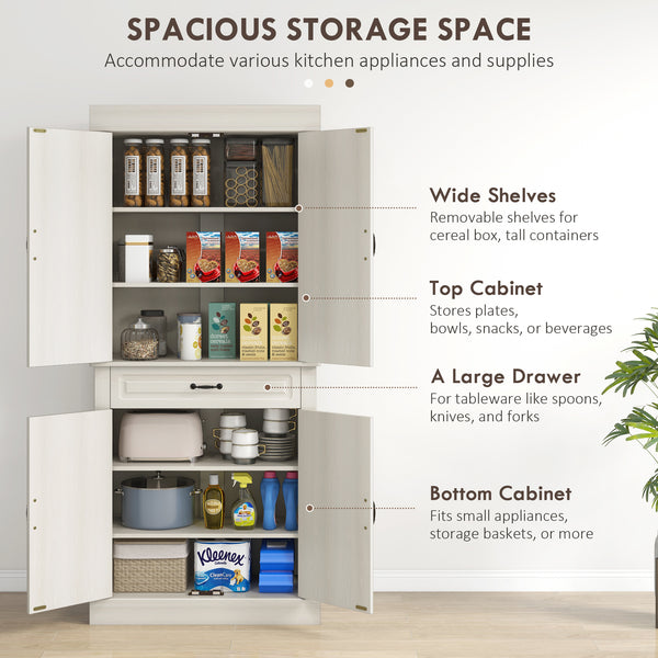 Garde-manger avec 4 portes et 2 placards, blanc vieilli