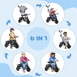 Tricycle 6 en 1 pour tout-petits avec panier, auvent, harnais de sécurité 5 points, gris