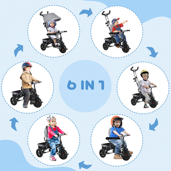 Tricycle 6 en 1 pour tout-petits avec panier, auvent, harnais de sécurité 5 points, gris