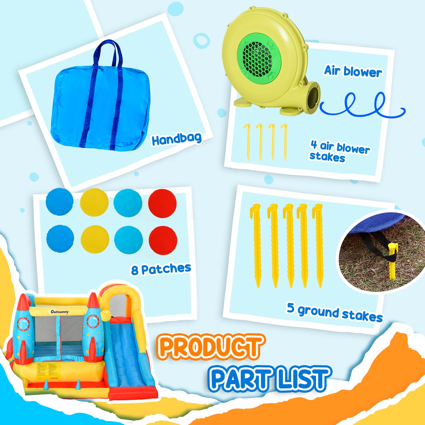 Outsunny Bounce Castle Inflatable Trampoline Slide Pool Rocket Design 11.14' x 9.18' x 6.06'
