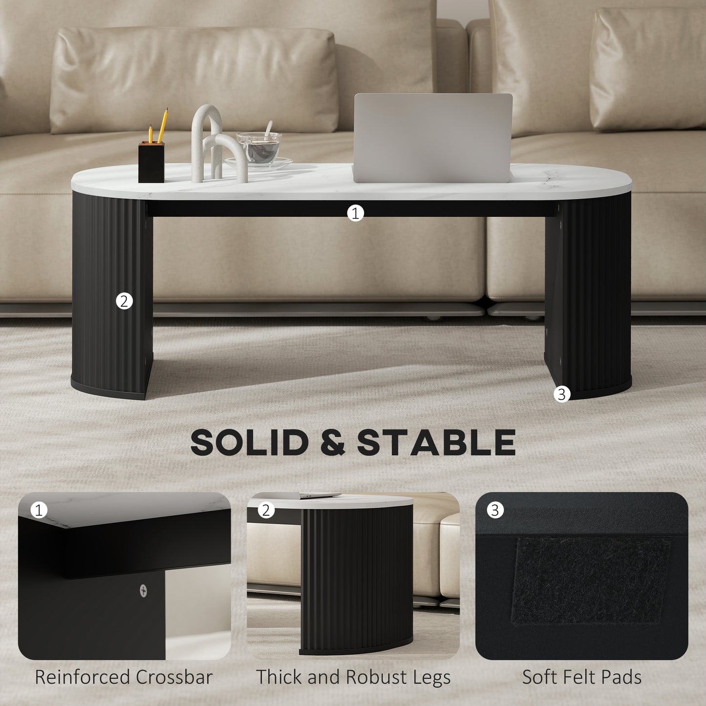 Table de salon moderne effet marbre avec coins arrondis et pieds épais, noire