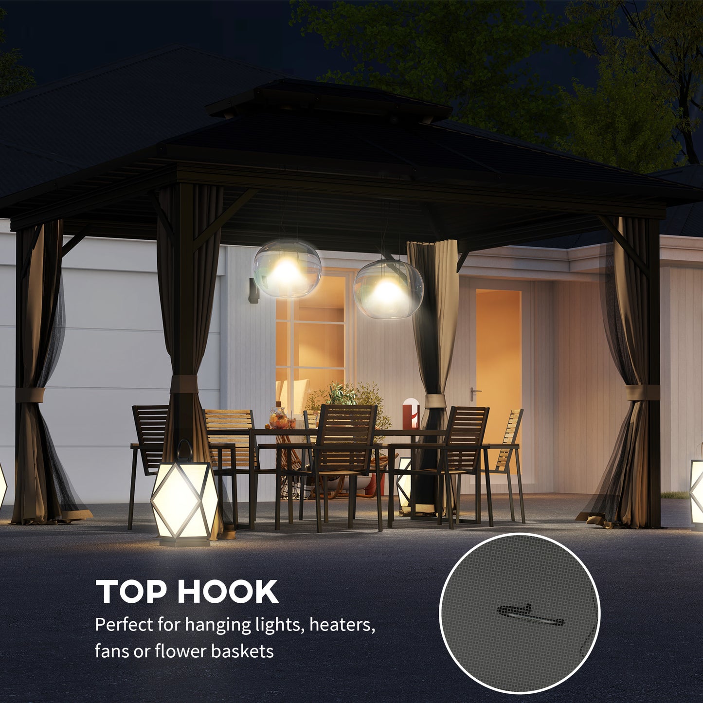 Gazebo 10' x 12' à toit rigide, abri solaire avec toit métallique à deux niveaux, moustiquaire et crochet de suspension, brun foncé