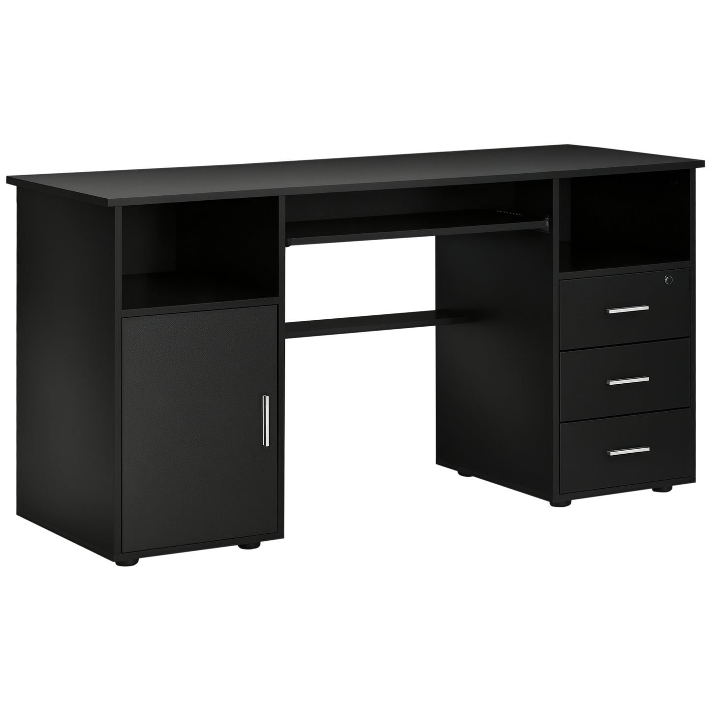 Bureau d'ordinateur avec tiroirs, plateau pour clavier, étagères ouvertes et tiroir verrouillable, noir
