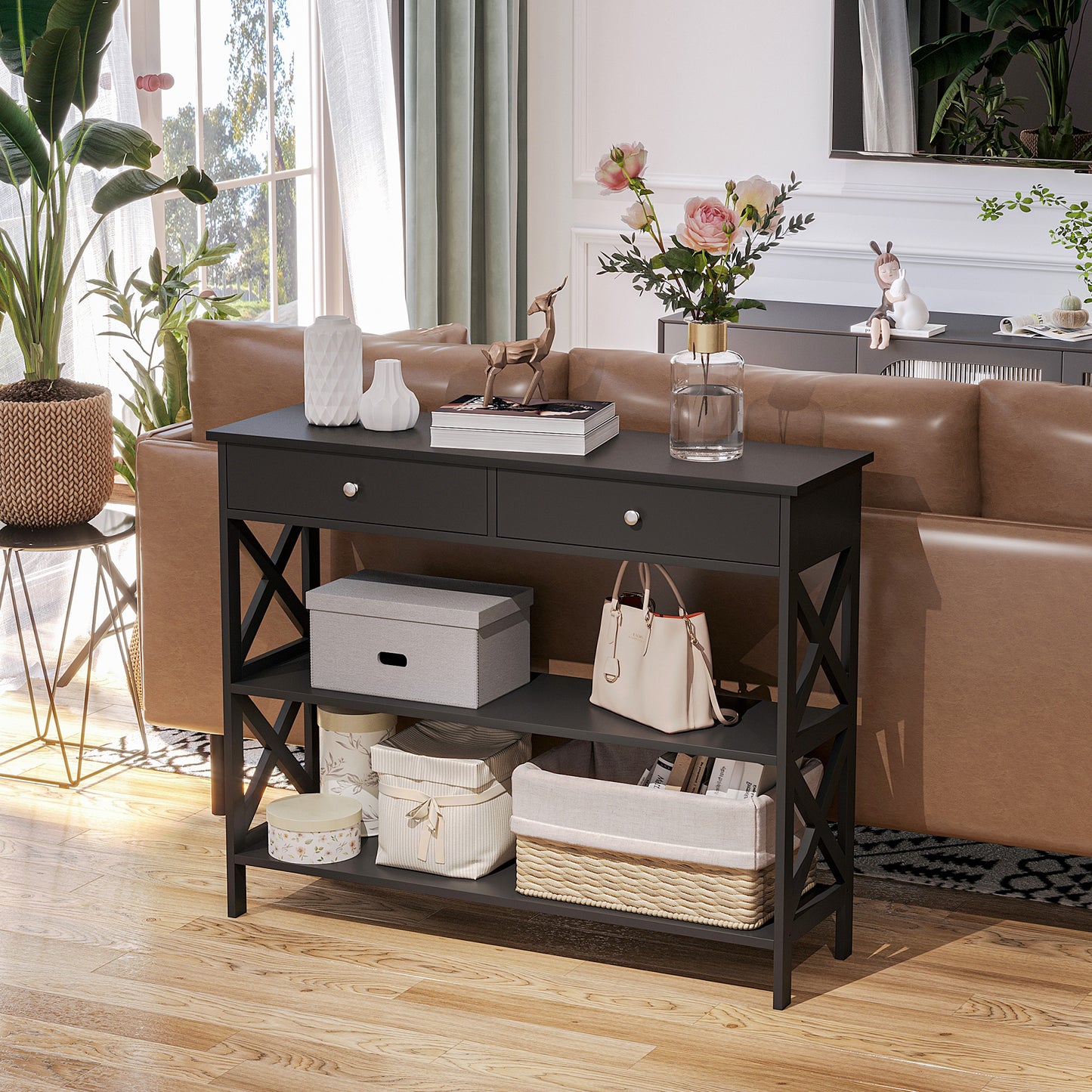 Console d'appoint avec Étagères de Rangement tiroirs et cadre en X, Noir
