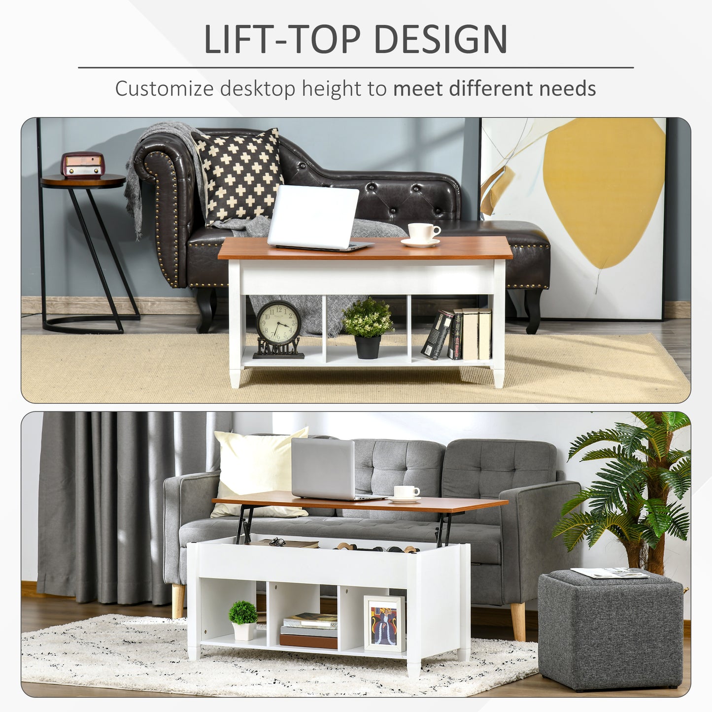 Table basse relevable avec compartiment de rangement dissimulé, blanc et marron