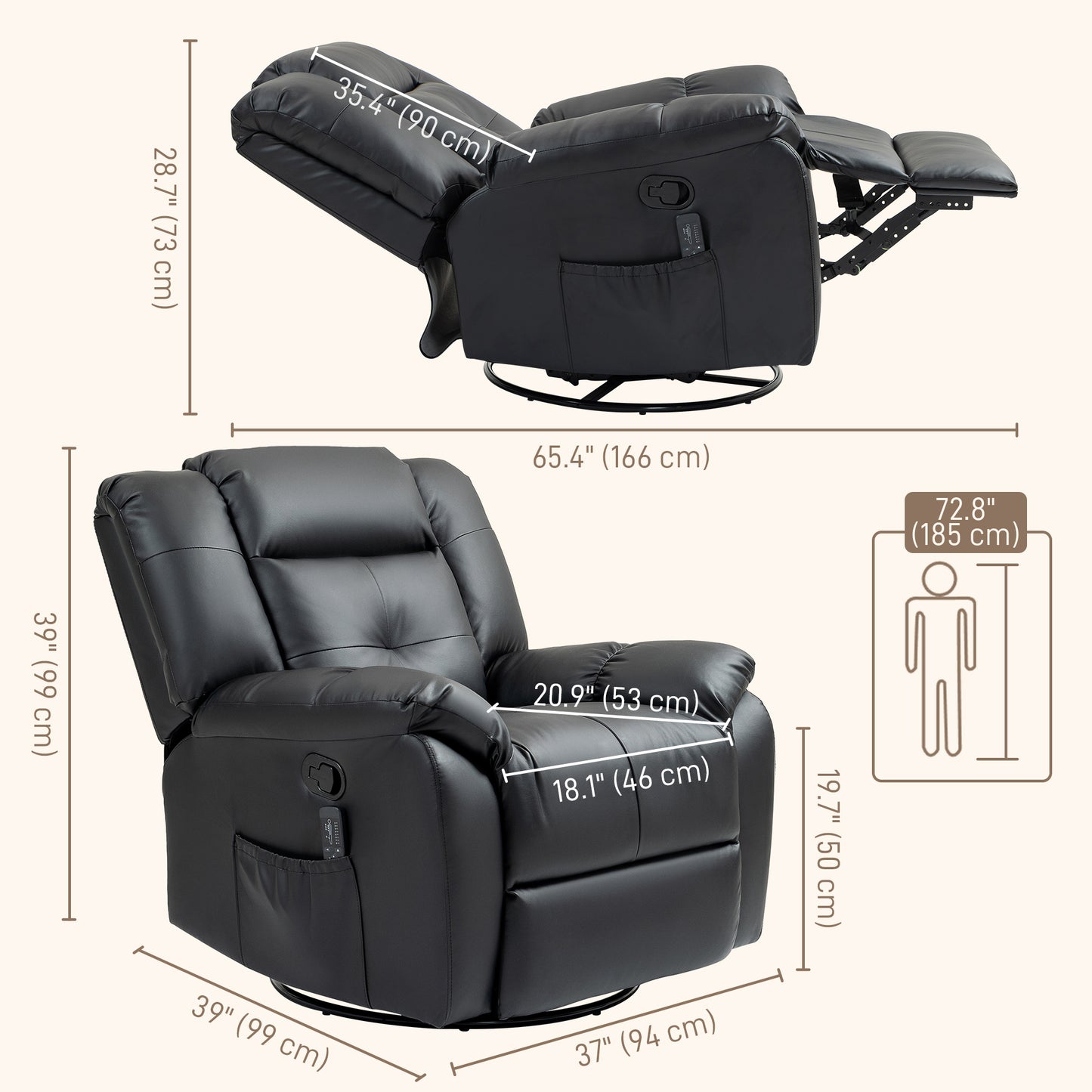 Fauteuil inclinable massant à vibrations 8 points en cuir, pivotant, poches latérales, noir