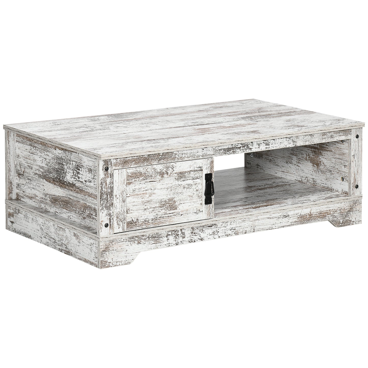 Table basse de style vintage avec armoire, compartiments de rangement ouverts, blanc