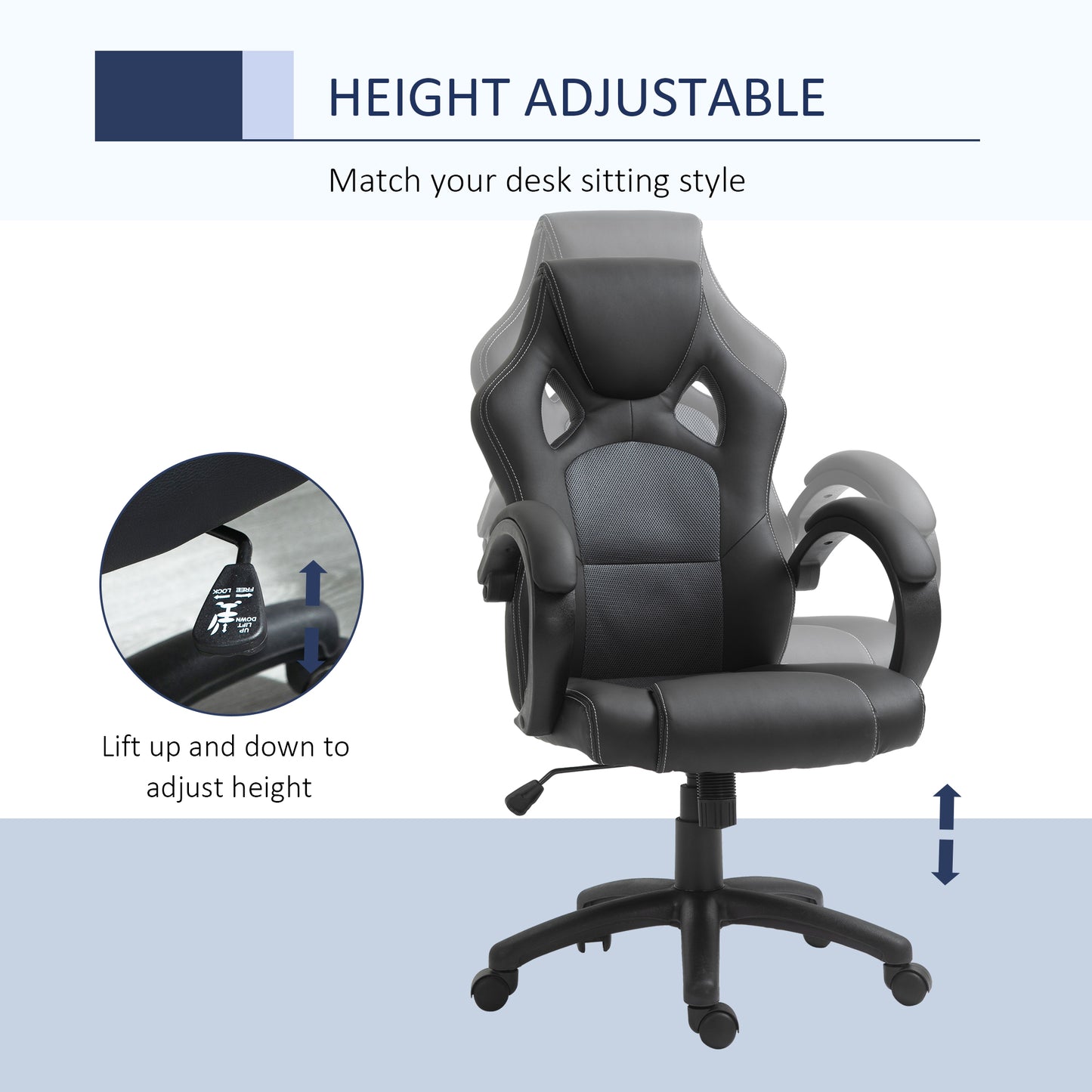 Racing Gaming Office Chair with Swivel Casters, Padded Headrest and Tilt Function, Grey