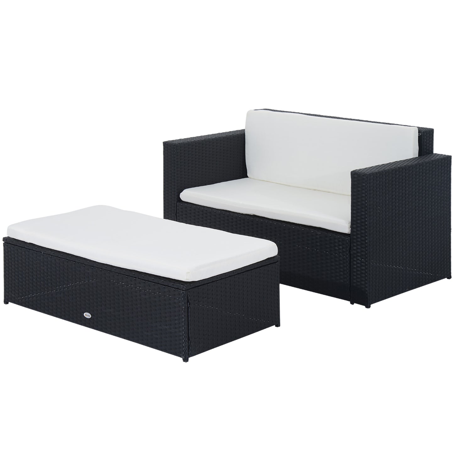 Outsunny 2 Piece Wicker Patio Furniture Set with Double Ottoman, Synthetic Rattan Garden Lounge Set with Loveseat and Two Seater Ottoman, Cream White