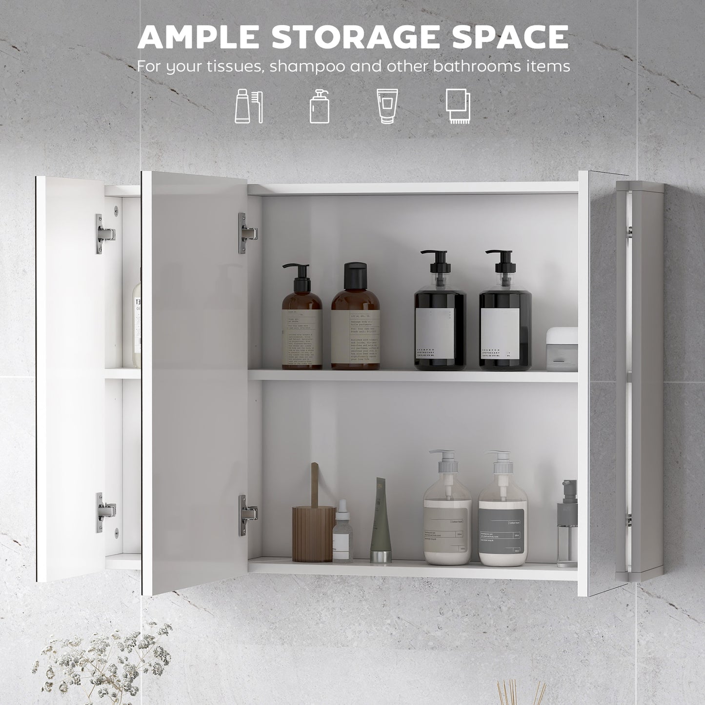 Armoire à pharmacie avec miroir, 3 portes et étagères réglables, blanche