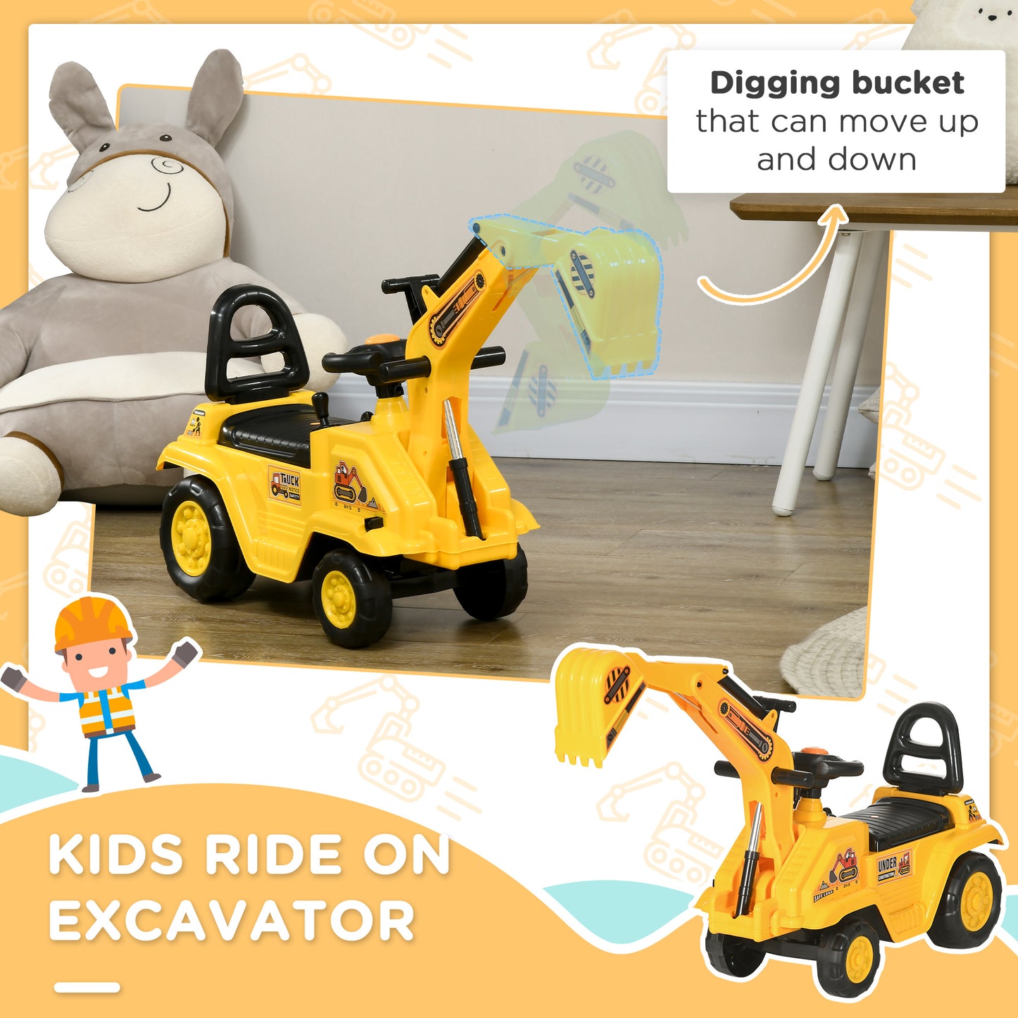 3 in 1 Ride-on Toy Excavator Pull Back Shovel Pretend Play Construction Truck