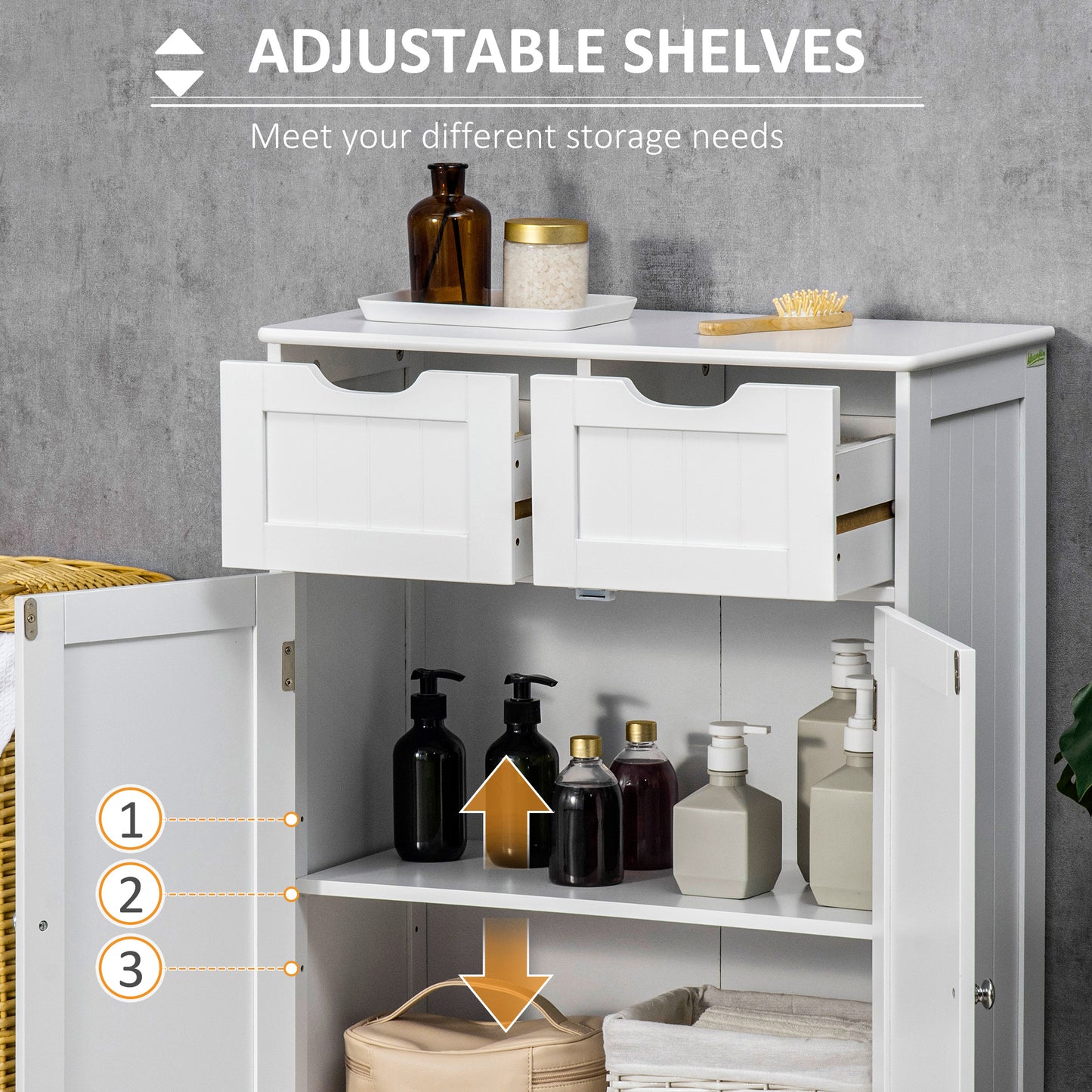 Meuble de salle de bain avec 2 tiroirs, étagère réglable, blanc