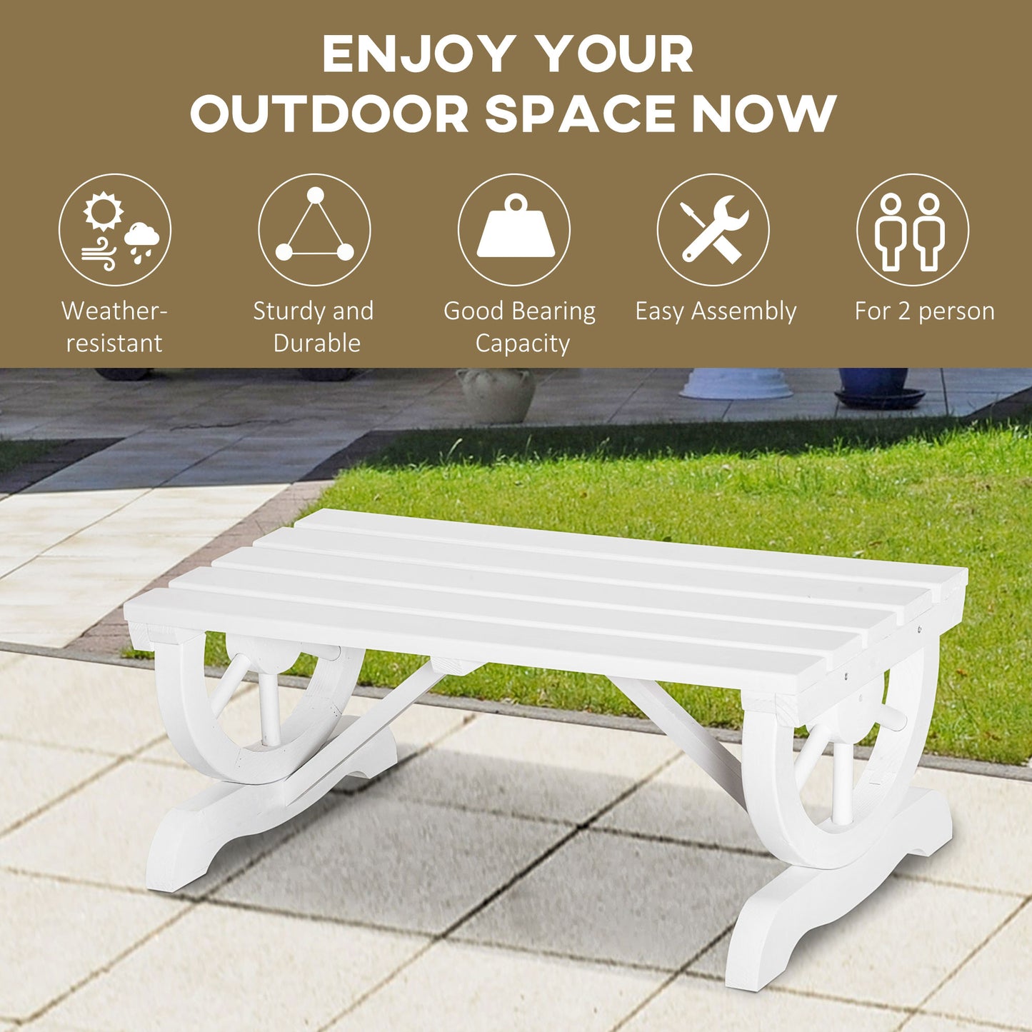 Outsunny Rustic Wood Wheel Outdoor Garden Bench for 2-Person with a Unique Wheel Design on the Legs & Strong Build, White |