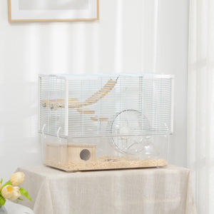 Cage pour hamster avec fond profond, rampe en bois, cabane, salle de bain et roue d'exercice pour hamster et gerbille, blanche