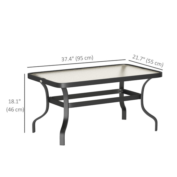 Table basse de patio avec plateau en verre trempé et cadre en métal, noire