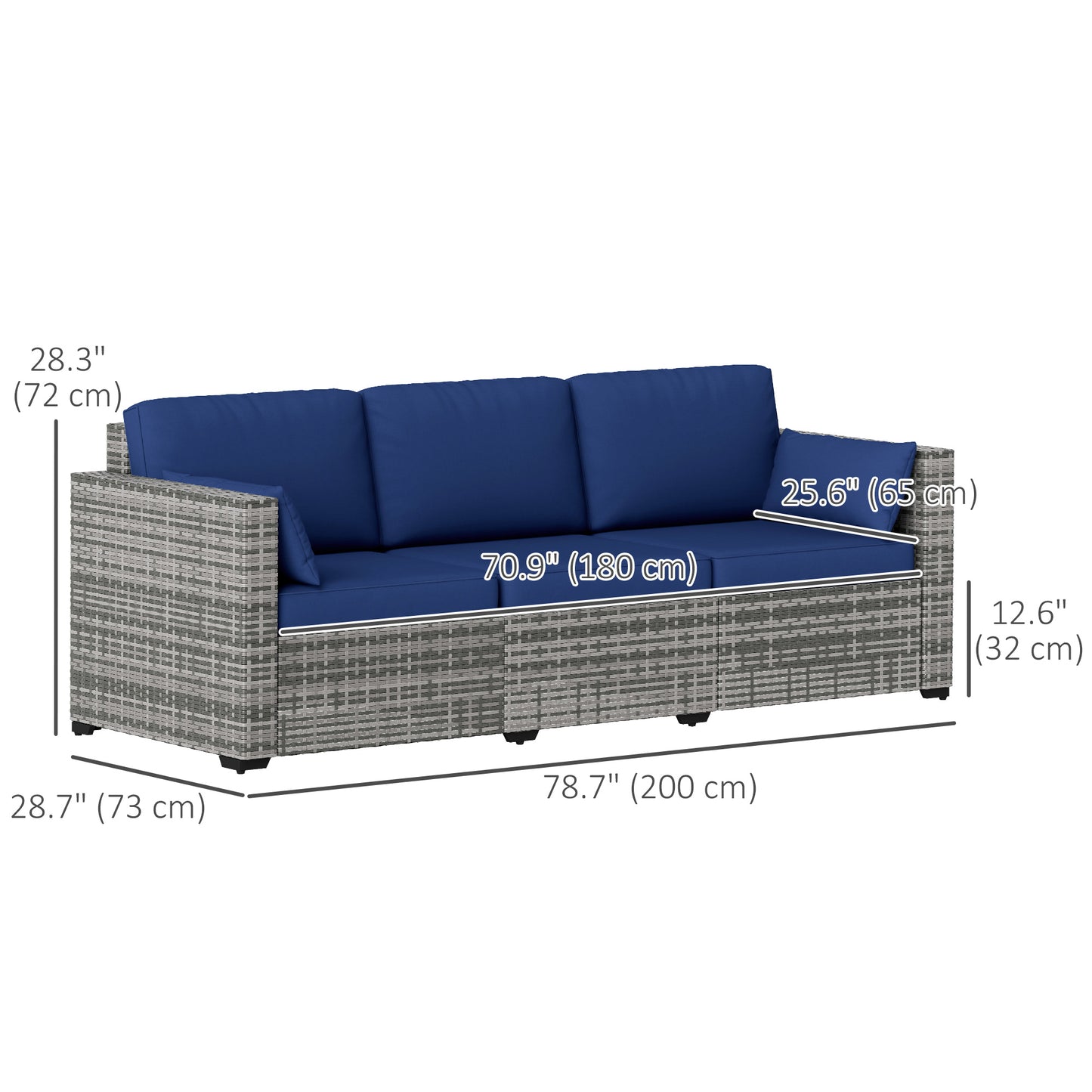 Outsunny 3 Seater Outdoor Sofa with Cushions, Synthetic Rattan Garden Sofa with Cushions for Garden, Poolside, Dark Blue