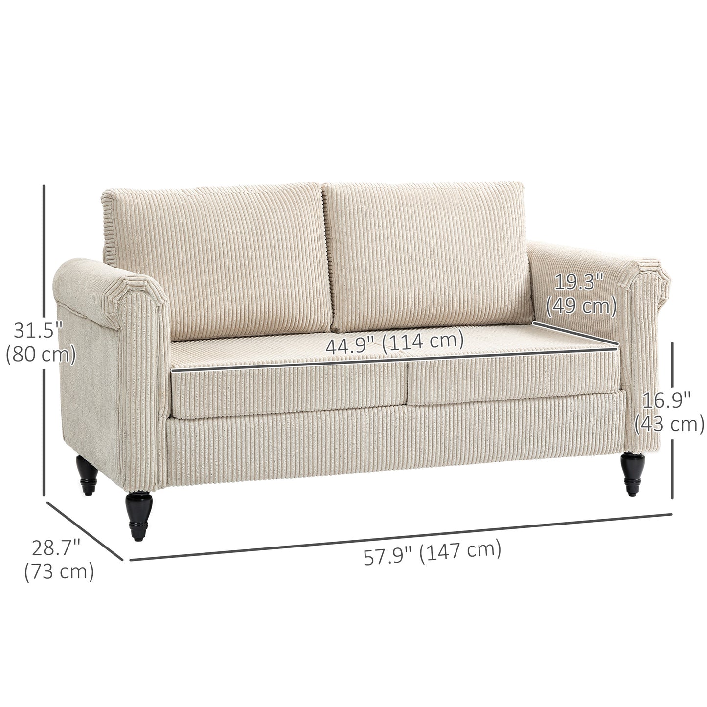 Canapé 2 places vintage avec accoudoirs roulés et pieds en bois d'hévéa, beige
